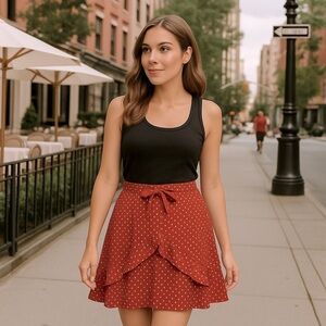 Altard State Ruffle Mini Skirt - Burnt Red Polka Dot - Size Small EUC